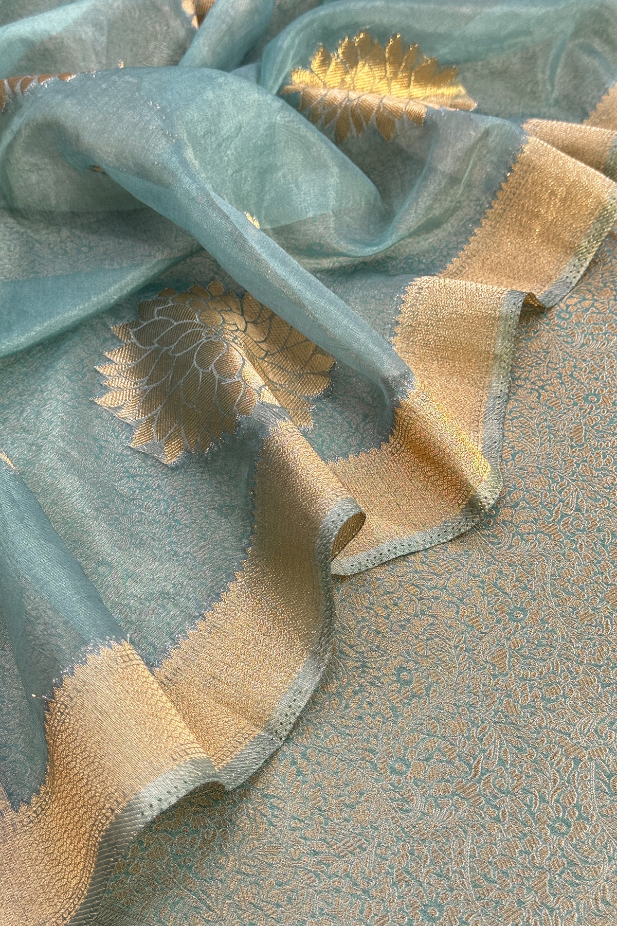 Sage Green Designer Pure Brocade Silk Kurta And Organza Dupatta