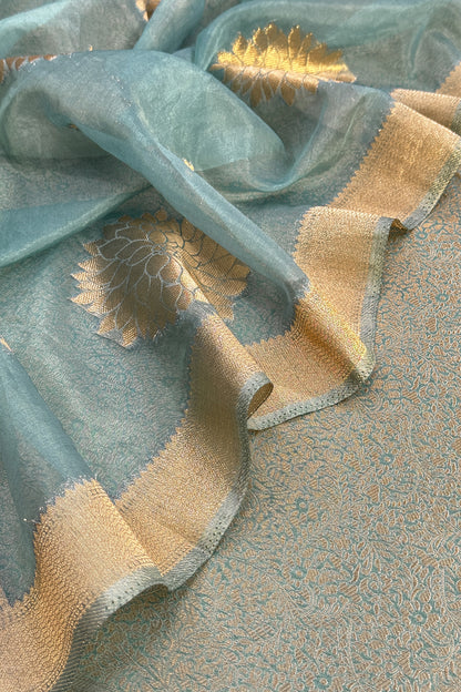 Sage Green Designer Pure Brocade Silk Kurta And Organza Dupatta