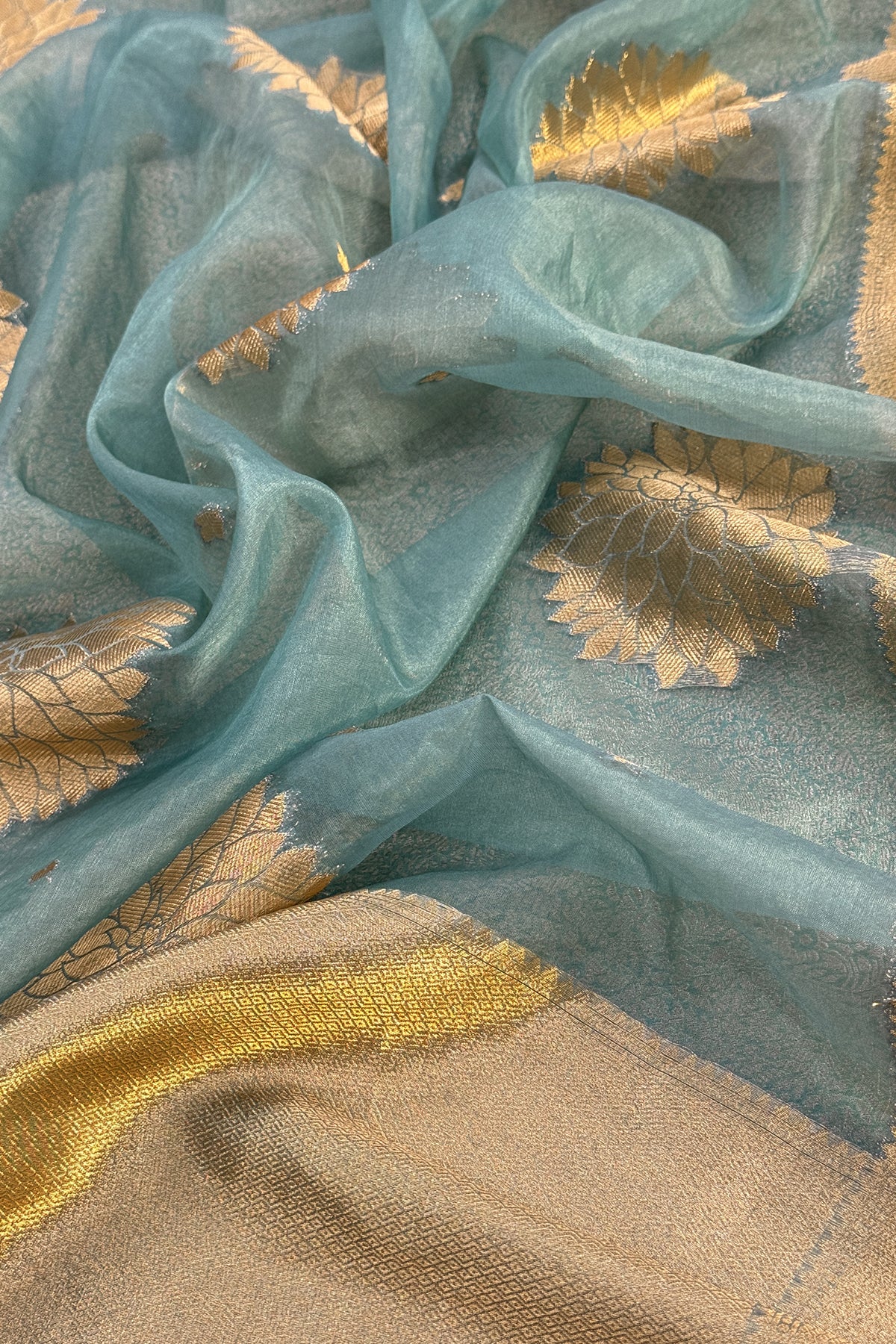 Sage Green Designer Pure Brocade Silk Kurta And Organza Dupatta