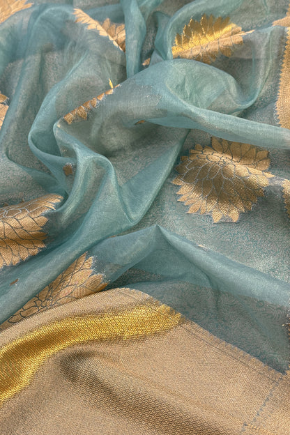 Sage Green Designer Pure Brocade Silk Kurta And Organza Dupatta