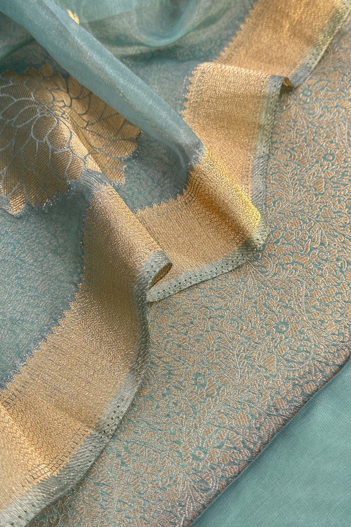 Sage Green Designer Pure Brocade Silk Kurta And Organza Dupatta