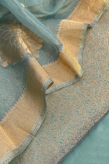 Sage Green Designer Pure Brocade Silk Kurta And Organza Dupatta