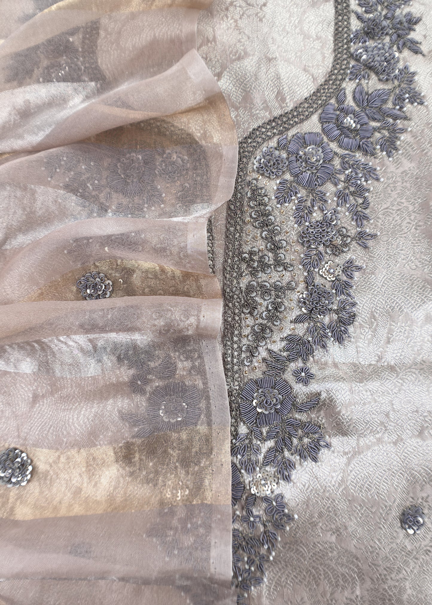 Pastel Pink Varanasi Brocade Silk Kurta And Double Panel Tissue Dupatta With Handwork