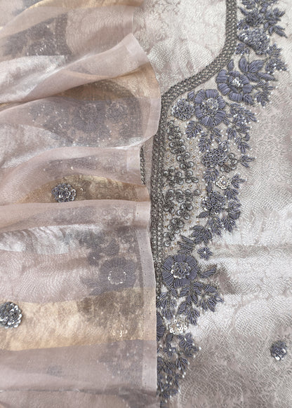 Pastel Pink Varanasi Brocade Silk Kurta And Double Panel Tissue Dupatta With Handwork