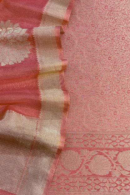 Peach Designer Pure Brocade Silk Kurta And Organza Dupatta