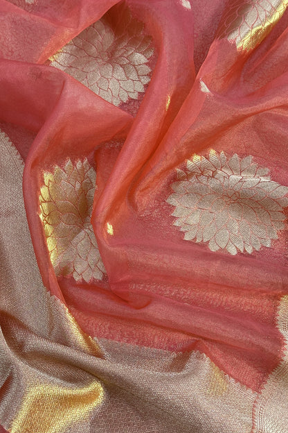 Peach Designer Pure Brocade Silk Kurta And Organza Dupatta