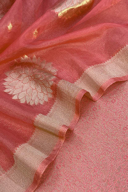 Peach Designer Pure Brocade Silk Kurta And Organza Dupatta