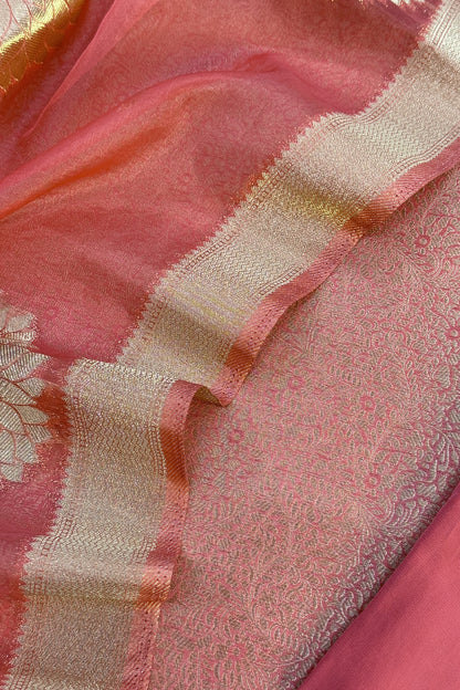 Peach Designer Pure Brocade Silk Kurta And Organza Dupatta