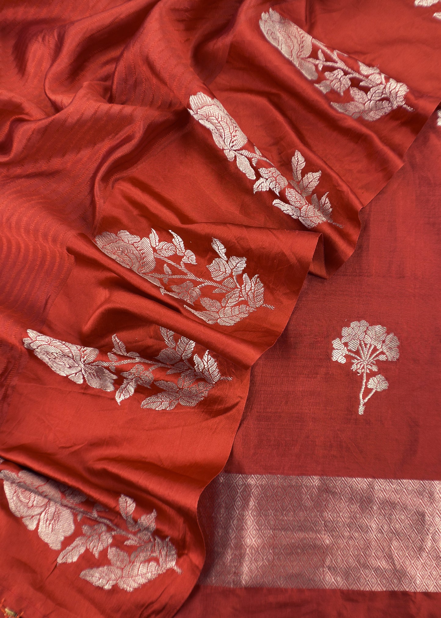 Rust Handwoven Unstitched Silk Suit With Zari Weaving