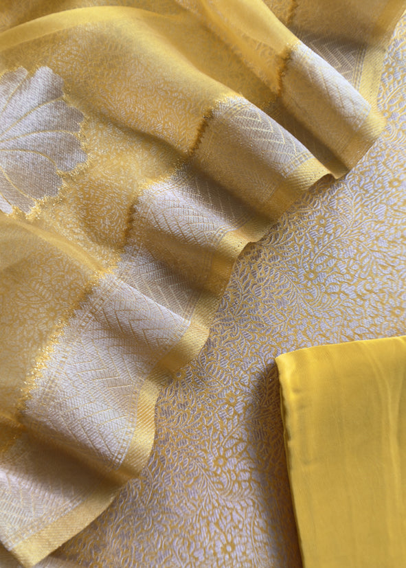 yellow Brocade Kurta With Organza Dupatta