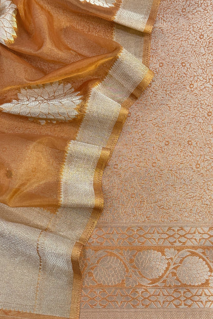 Orange Designer Pure Brocade Silk Kurta And Organza Dupatta