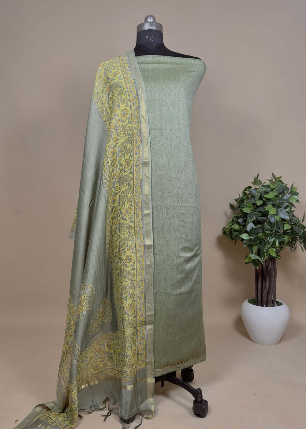 Green Cotton Suit Set With Discharge Print Dupatta