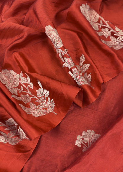 Rust Handwoven Unstitched Silk Suit With Zari Weaving
