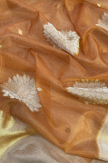 Orange Designer Pure Brocade Silk Kurta And Organza Dupatta