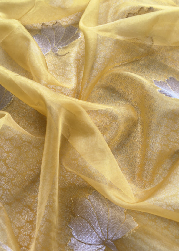 Yellow Banarasi Silk Brocade Suit With Organza Dupatta