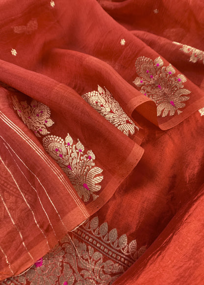 Rust Handloom Kadwa Weaving Silk Suit With Kora Silk Dupatta