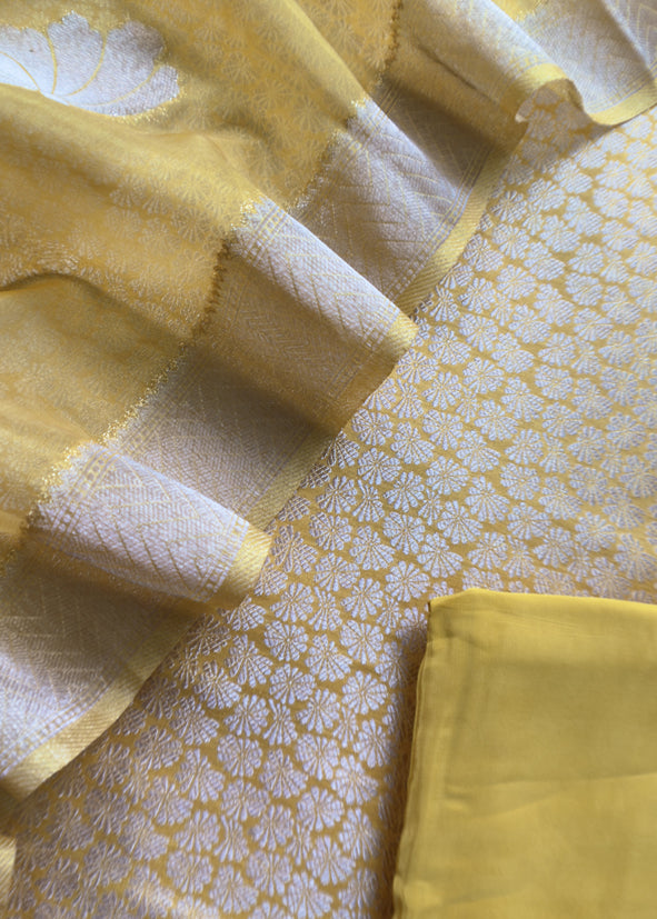 Yellow Banarasi Silk Brocade Suit With Organza Dupatta