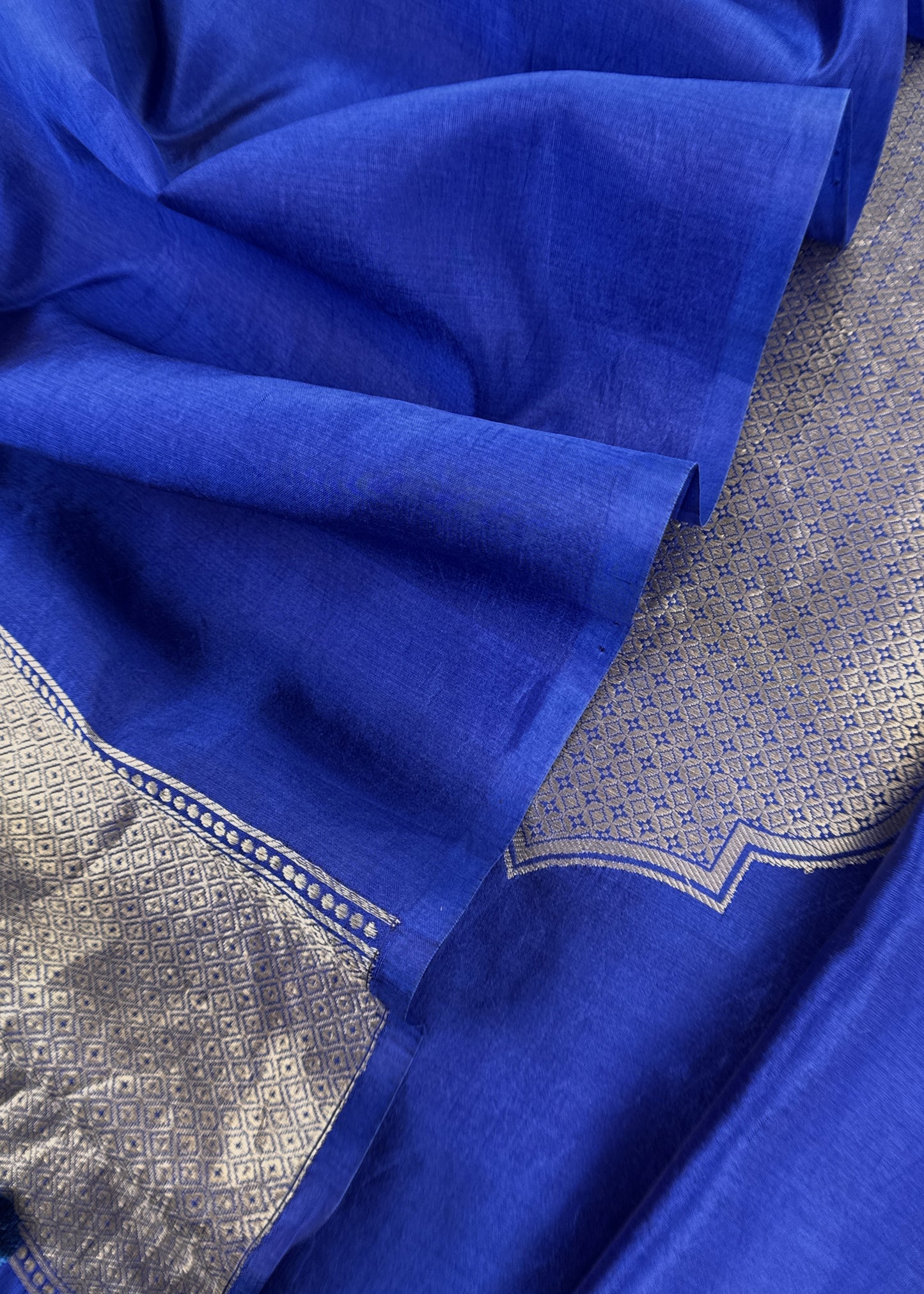 Sapphire Blue Handloom Katan Silk Suit Fabric With Kadwa Weaving