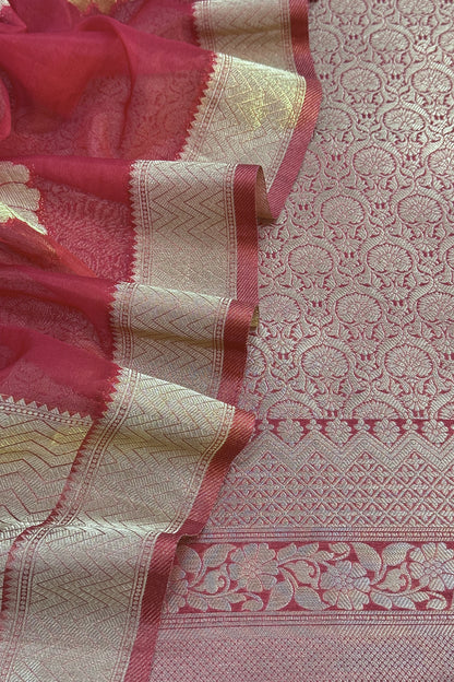 Maroon Designer Pure Brocade Silk Kurta And Organza Dupatta