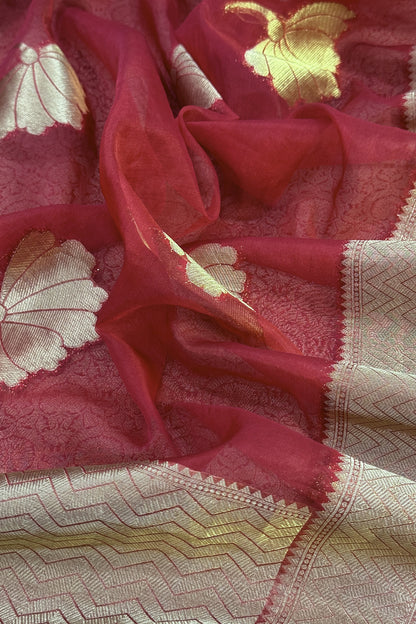 Maroon Designer Pure Brocade Silk Kurta And Organza Dupatta
