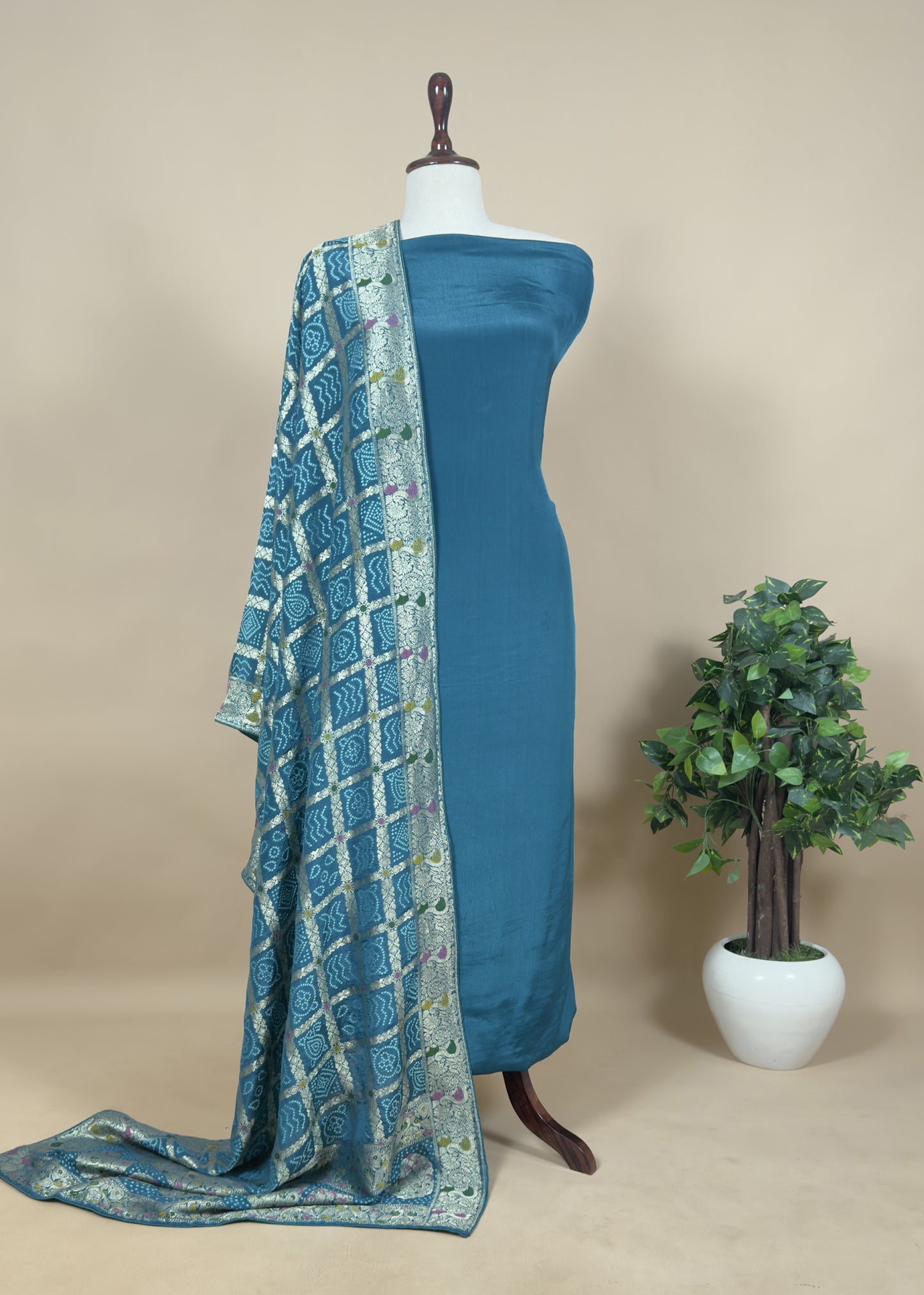 Green Crepe Unstitched Suit With Banarasi Bandhej Dupatta