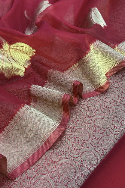 Maroon Designer Pure Brocade Silk Kurta And Organza Dupatta