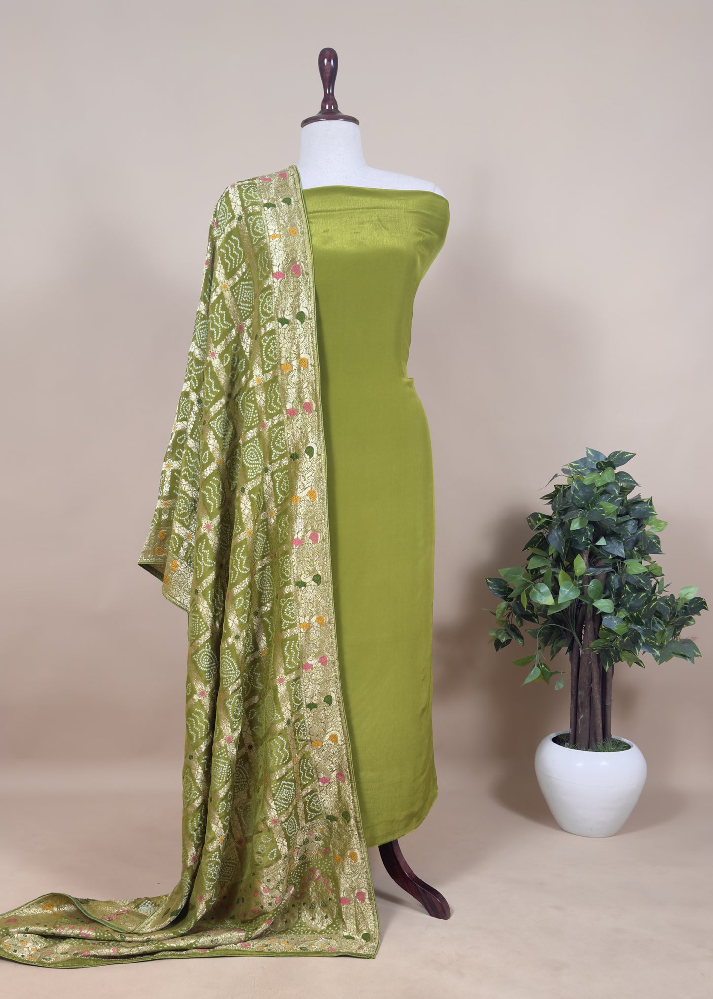 Green Crepe Unstitched Suit With Banarasi Bandhej Dupatta