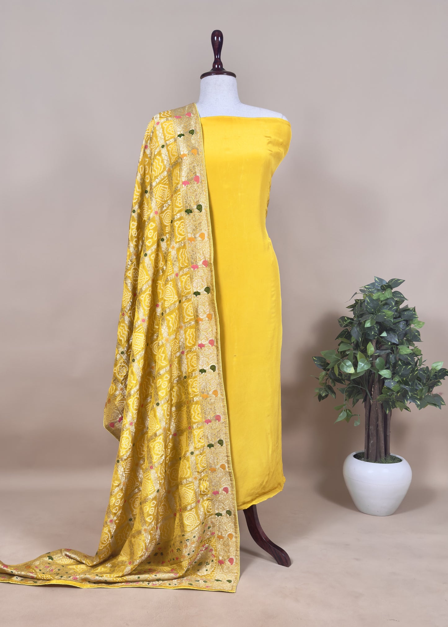 Green Crepe Unstitched Suit With Banarasi Bandhej Dupatta