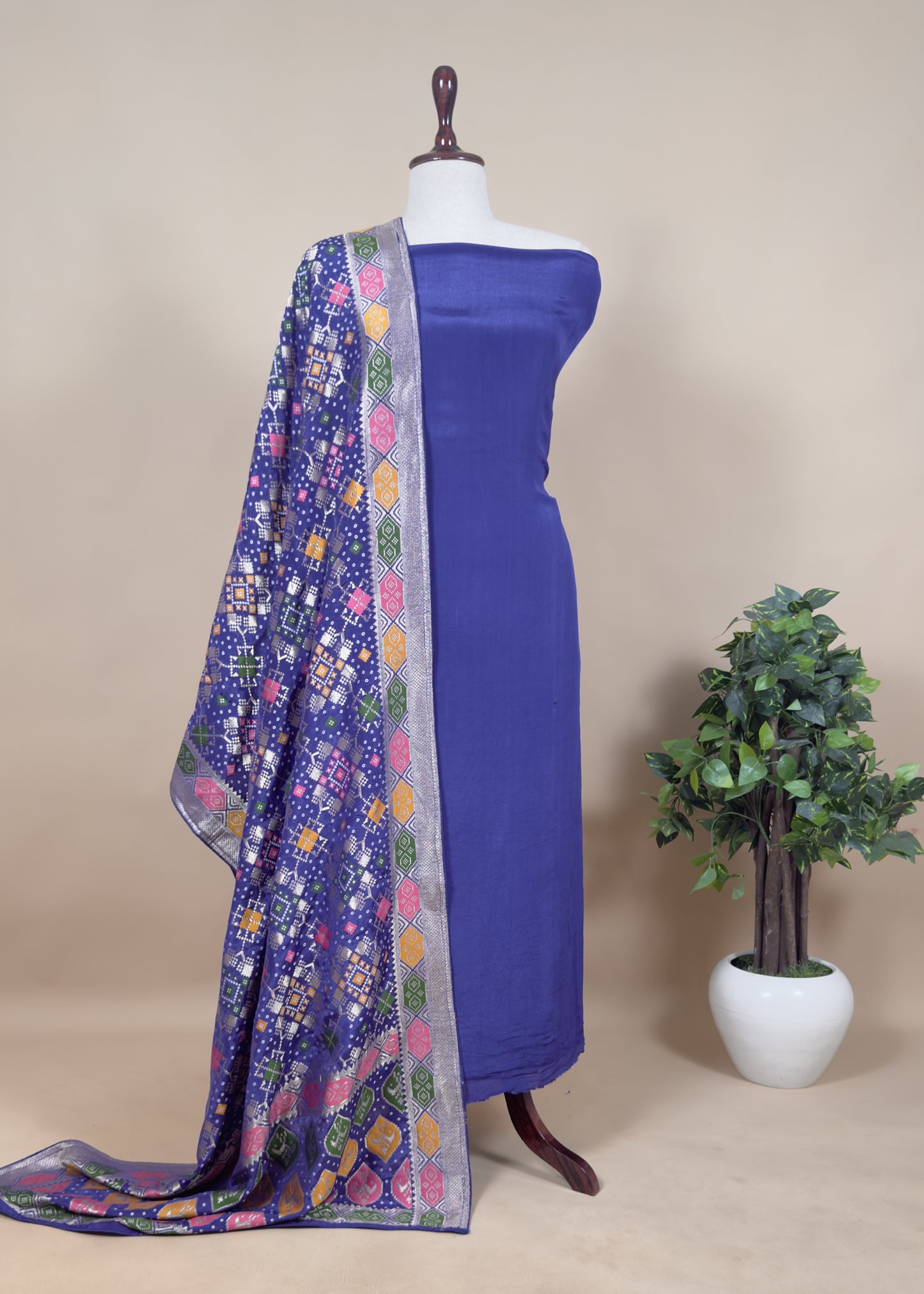 Blue Crepe Unstitched Suit With Banarasi Patola Dupatta