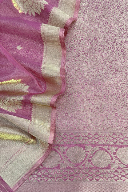 Lilac Designer Pure Brocade Silk Kurta And Organza Dupatta