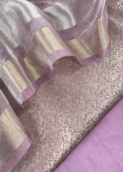 Light Purple Designer Pure Brocade Silk kurta And Tissue Silk Dupatta