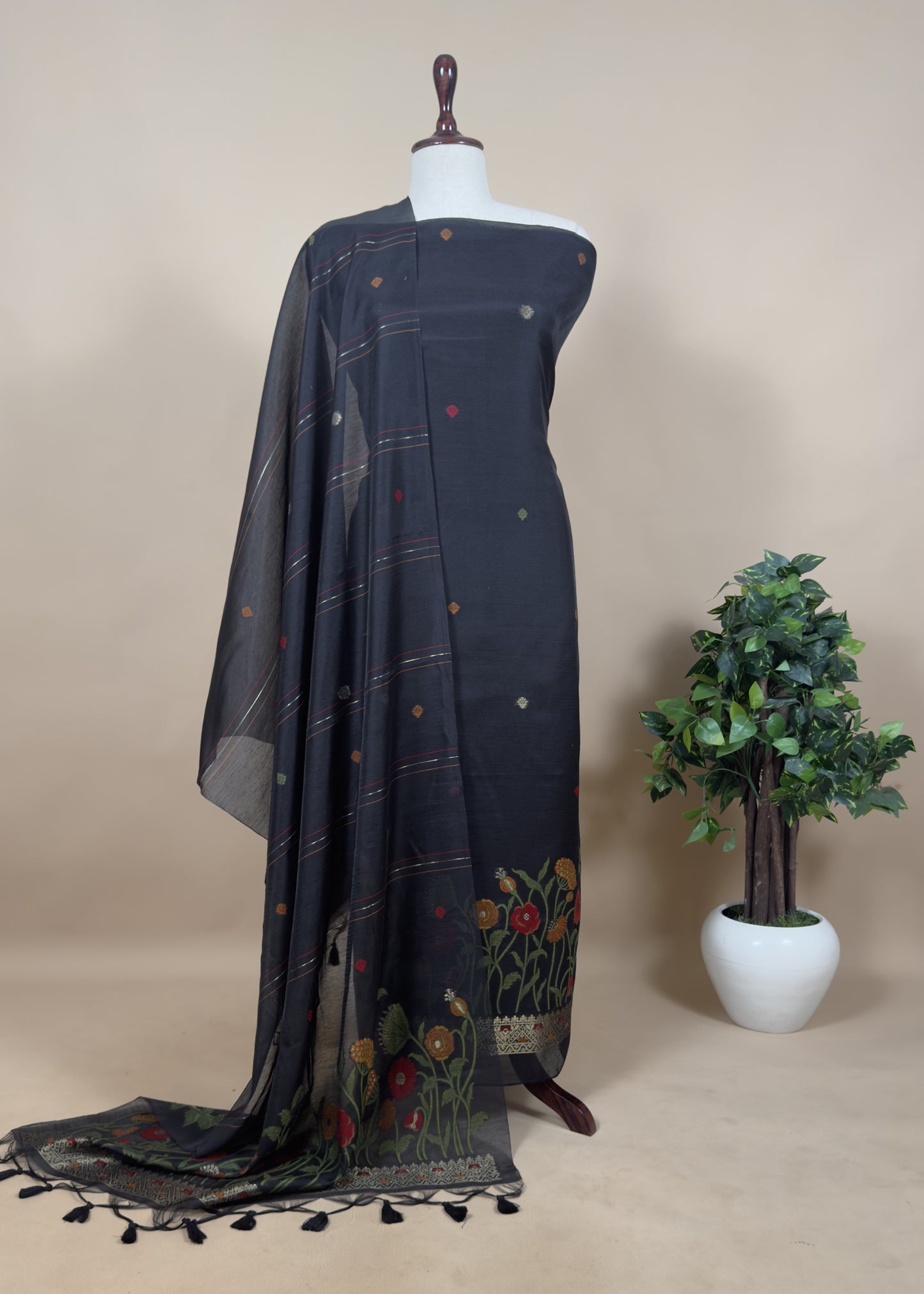 Black Floral Jamdani Weave Unstitched Chanderi Suit