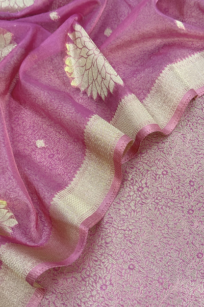 Lilac Designer Pure Brocade Silk Kurta And Organza Dupatta