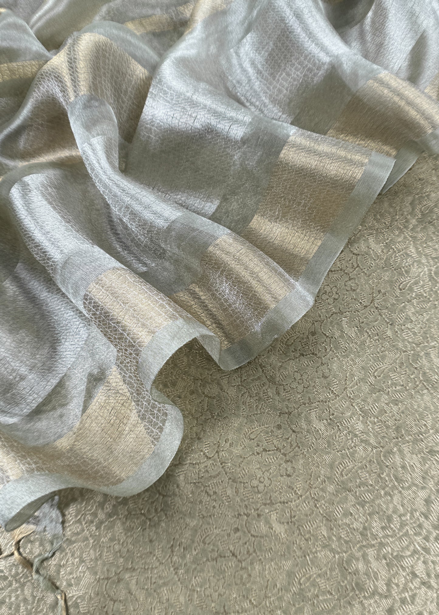 Light Green Designer Pure Brocade Silk kurta And Tissue Silk Dupatta