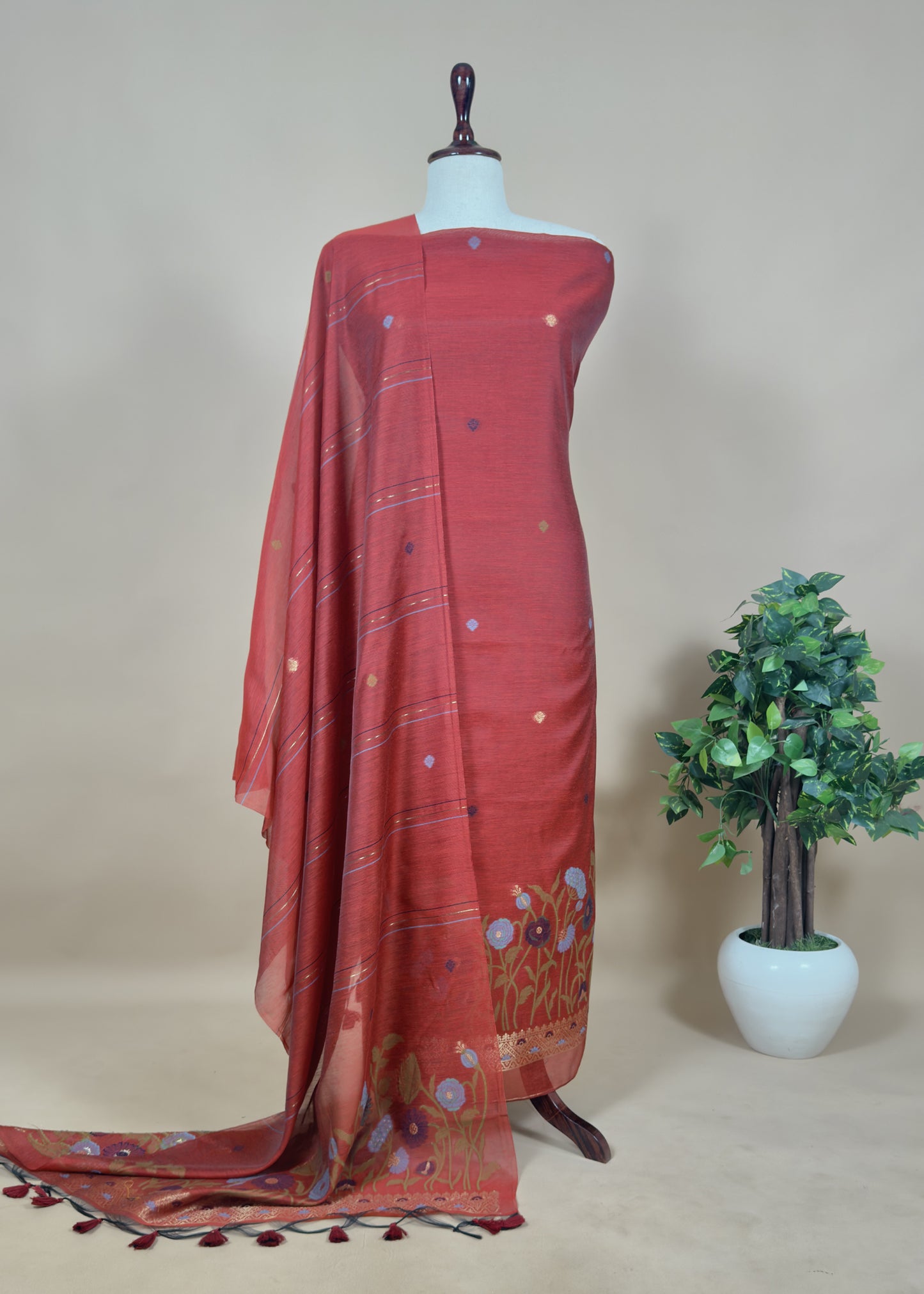 Floral Jamdani Weave Unstitched Chanderi Suit