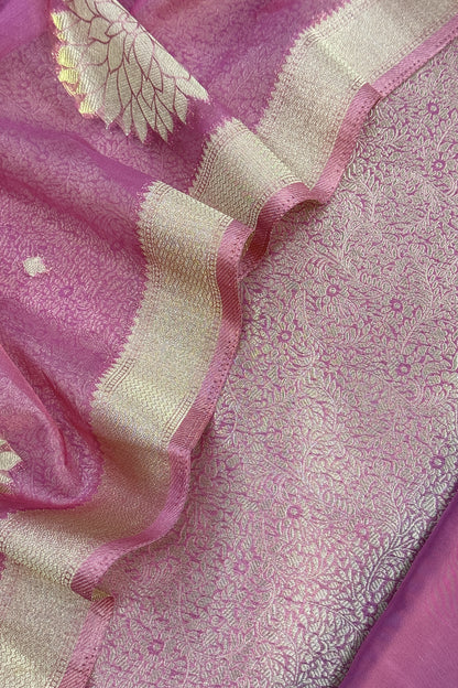 Lilac Designer Pure Brocade Silk Kurta And Organza Dupatta