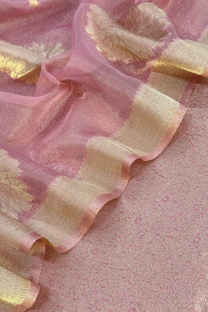 Baby Pink Designer Pure Brocade Silk Kurta And Organza Dupatta