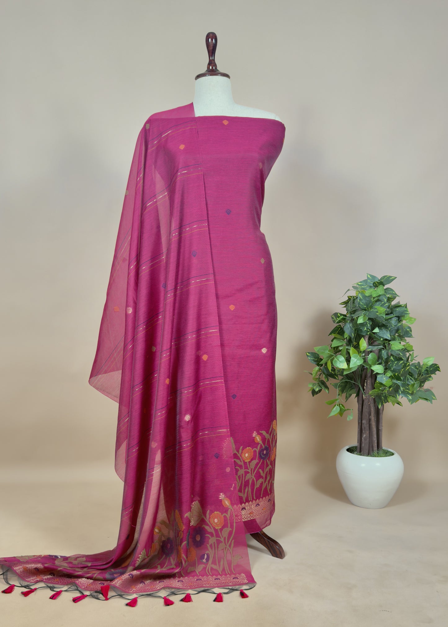 Floral Jamdani Weave Unstitched Chanderi Suit