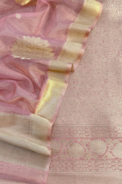 Baby Pink Designer Pure Brocade Silk Kurta And Organza Dupatta