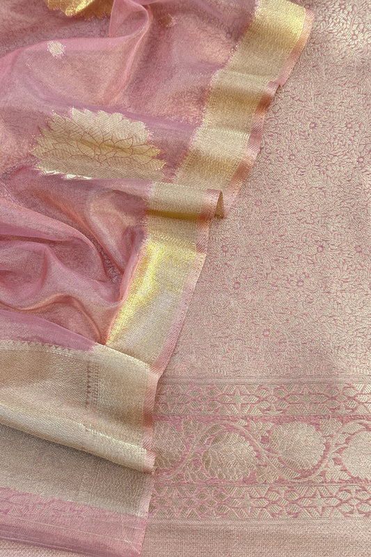 Baby Pink Designer Pure Brocade Silk Kurta And Organza Dupatta