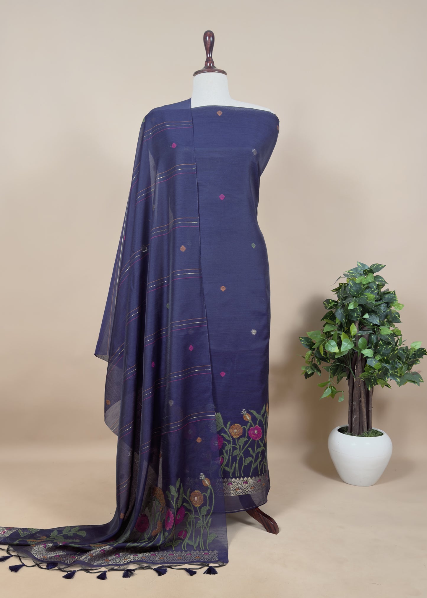 Black Floral Jamdani Weave Unstitched Chanderi Suit