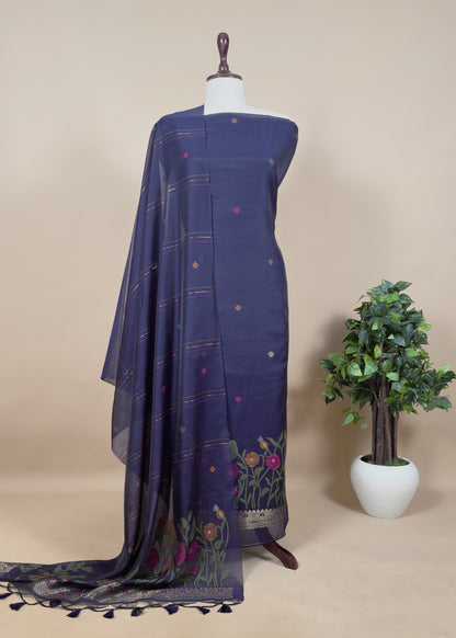 Black Floral Jamdani Weave Unstitched Chanderi Suit