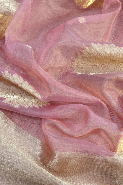 Baby Pink Designer Pure Brocade Silk Kurta And Organza Dupatta