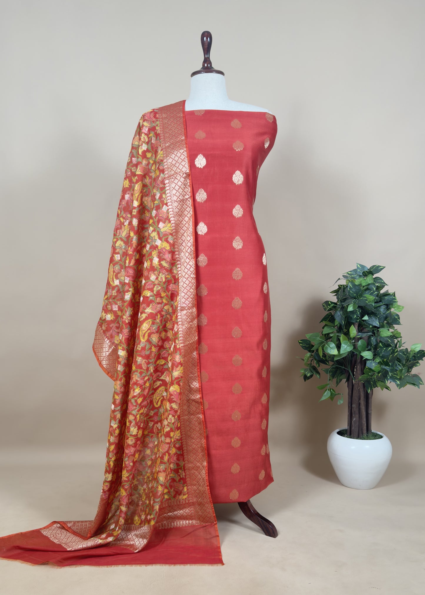 Green Banarasi Suit With Kalamkari Dupatta