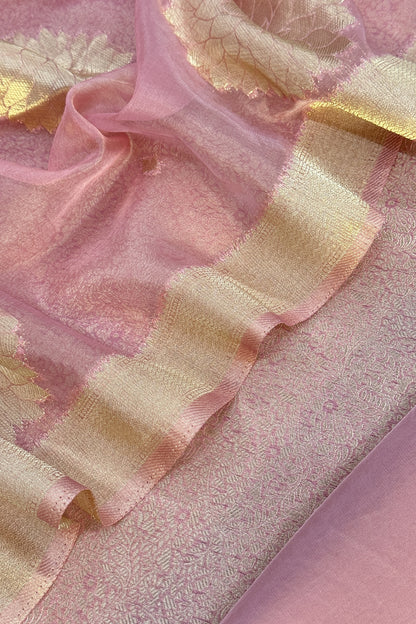 Baby Pink Designer Pure Brocade Silk Kurta And Organza Dupatta