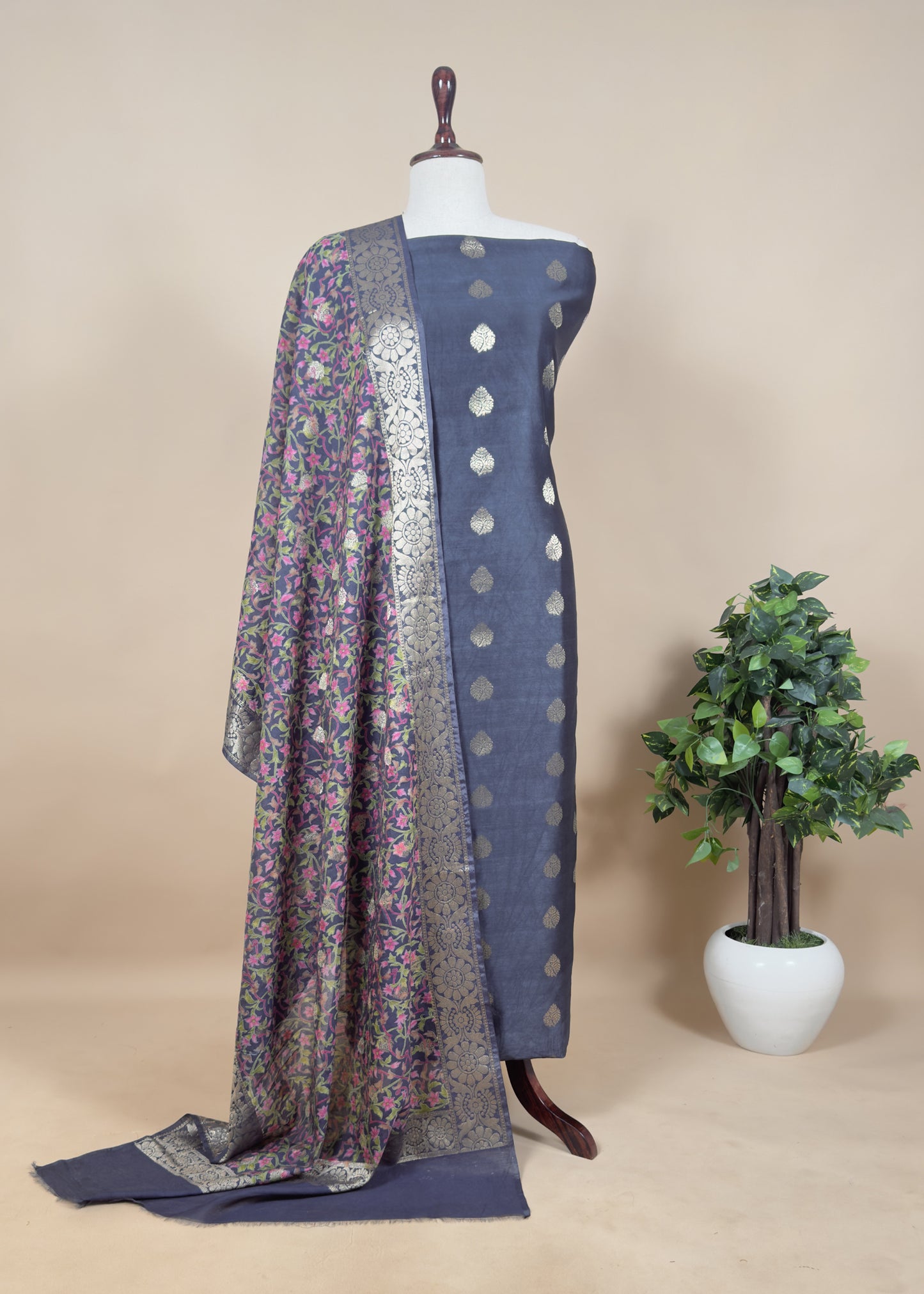 Blue Banarasi Suit With Kalamkari Dupatta