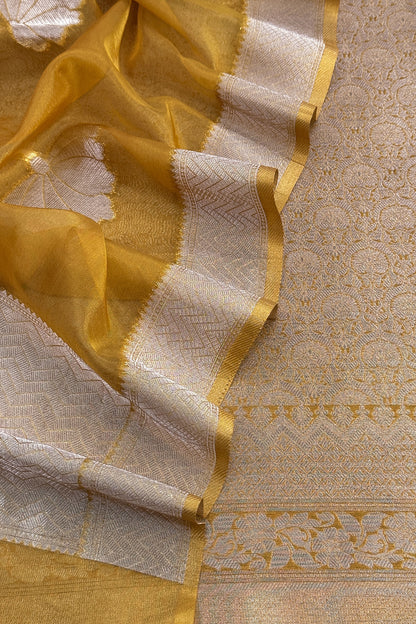 Mustard Designer Pure Brocade Silk Kurta And Organza Dupatta