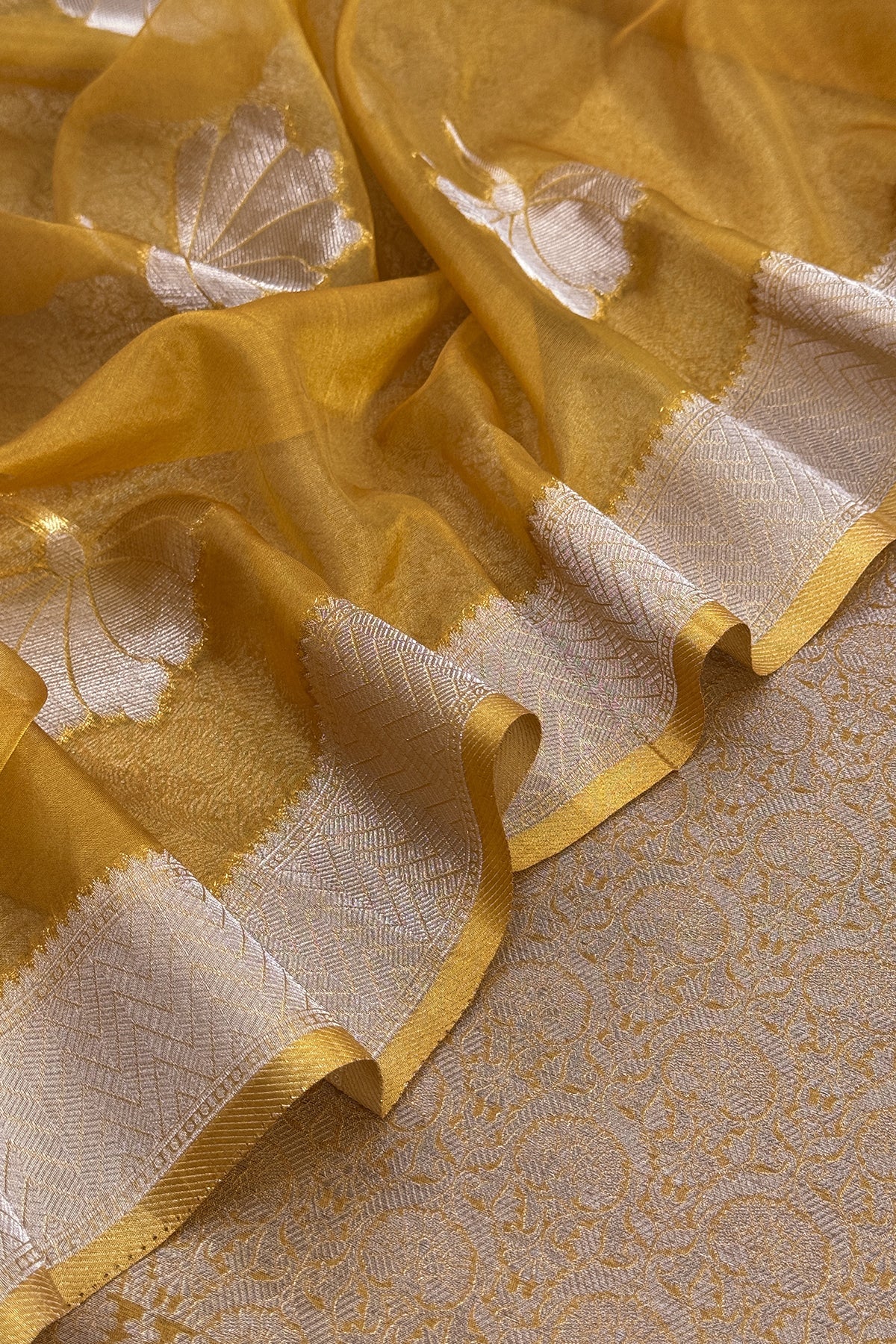Mustard Designer Pure Brocade Silk Kurta And Organza Dupatta