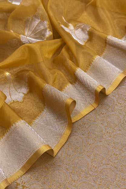 Mustard Designer Pure Brocade Silk Kurta And Organza Dupatta