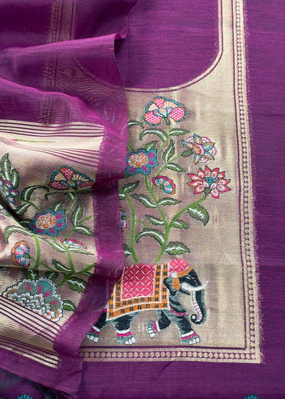 Violet Jamdani Woven Unstitched Suit With Paithani Work